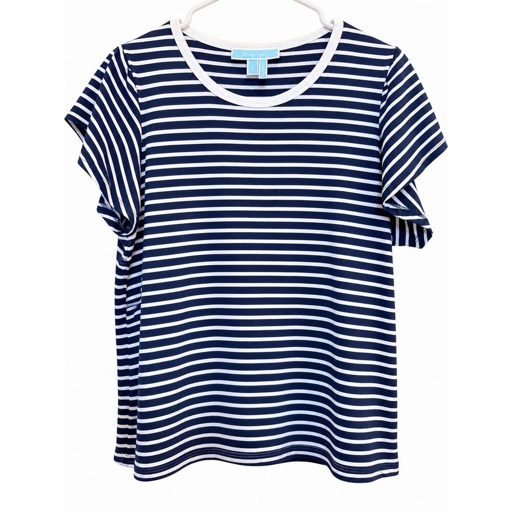 Draper James Navy & White Striped Ruffle Flutter Sleeve Tee Top Size L